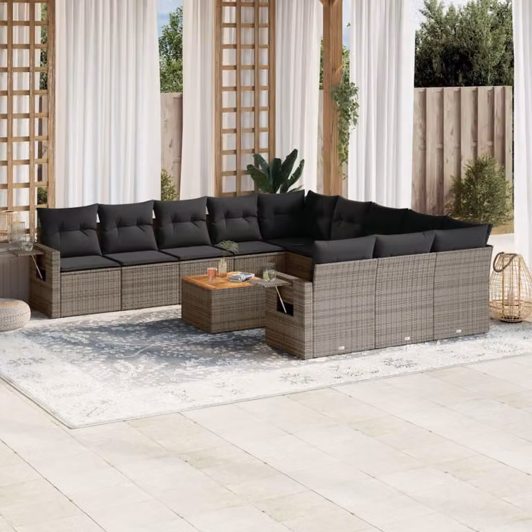 Set di divani da giardino vidaXL in polyrattan grigio con cuscini, tavolino e sedute componibili per esterno