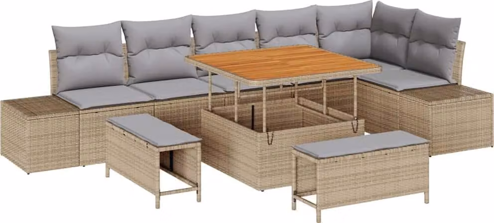 Set Divano da Giardino con cuscino 9 pcs Beige polyrattan