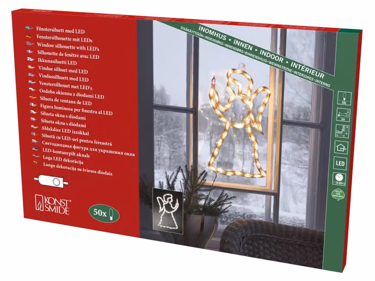 Silhouette di angelo per finestre, con luci LED, 50 LED bianco caldo, 230 V, per uso interno