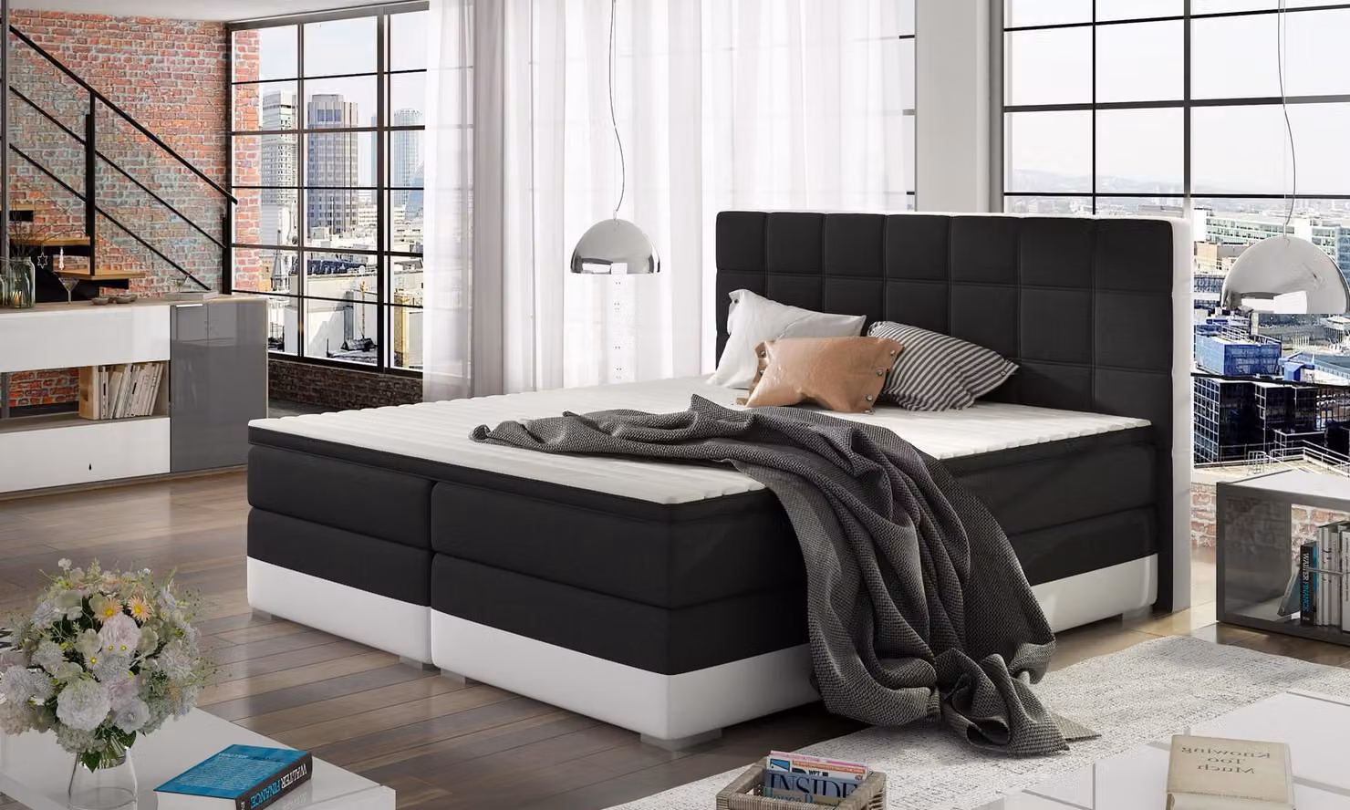 Lederbett Polster Bett Boxspring Betten Bettkasten 180x200cm Matratze Topper