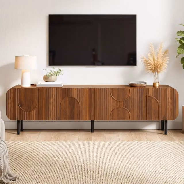 Mobile TV con 3 ante e 2 cassetti, passacavi, stile mid-century, per soggiorno, 180 × 40 × 47.5 cm