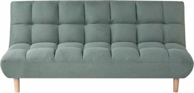 Divano letto verde chiaro rivestito in tessuto con gambe in legno 2 posti schienale trapuntato seduta imbottita design moderno senza braccioli