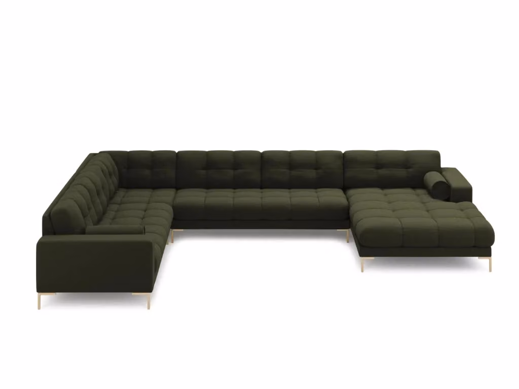 Divano panoramico sinistro Bali di Cosmopolitan Design, 7 posti, in tessuto strutturato verde e oro, design moderno a L – 2