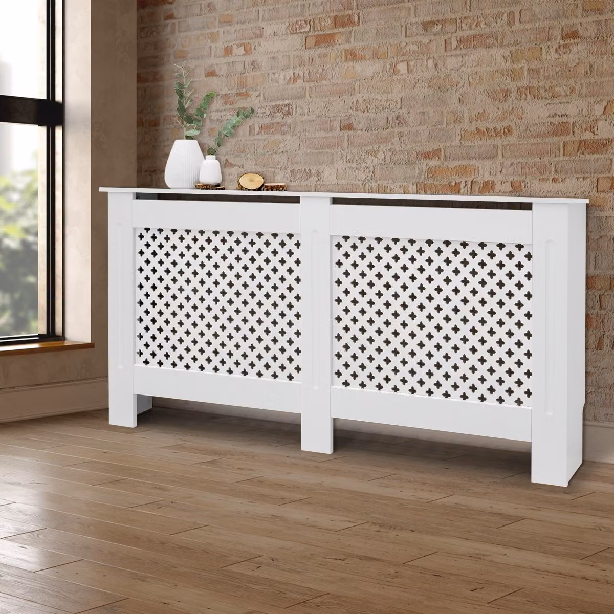 ECD Germany Rivestimento per radiatori con motivo a nido d'ape 152x19x82 cm, bianco, in MDF laccato, rivestimento riscaldante per camera da letto soggiorno