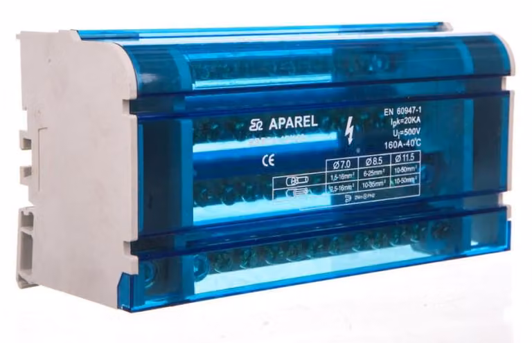 Blocco di distribuzione a 4 vie, 1x11,5mm² + 3x8,5mm² + 8x7mm², 160A, modello EBR2 4-12/160, codice R33RA-02020300501