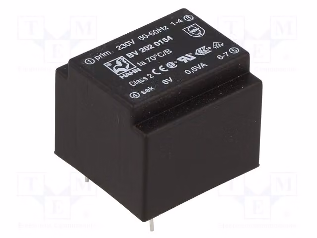 Trasformatore: rivestito; 0,5 VA; 230 VAC; 6 V; 83 mA; Montaggio: circuito stampato BV 202 0154. Trasformatori per circuiti stampati