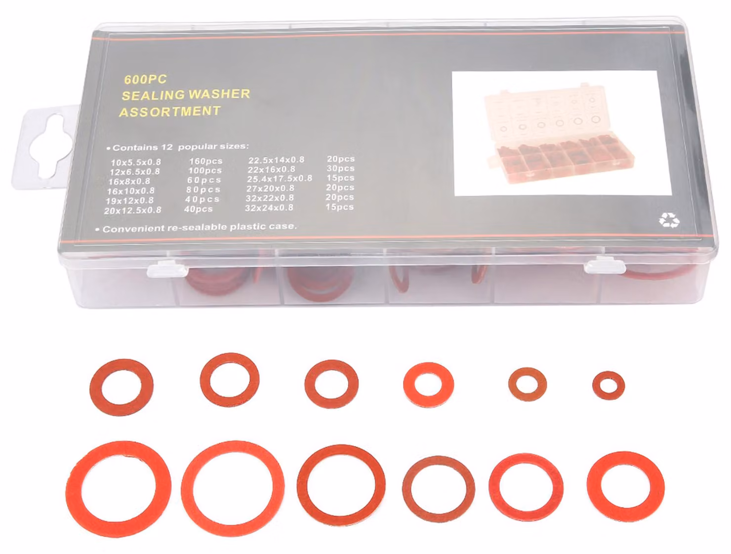 600 pezzi, 12 dimensioni, acciaio rosso, set di rondelle in fibra di carta, isolanti, set assortito con confezione