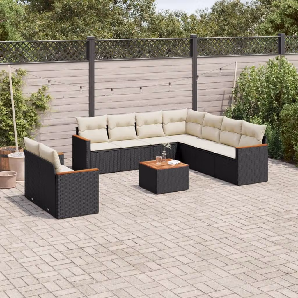 Set di divani da giardino vidaXL a forma di U in polyrattan nero con cuscini e tavolino da esterno – 1