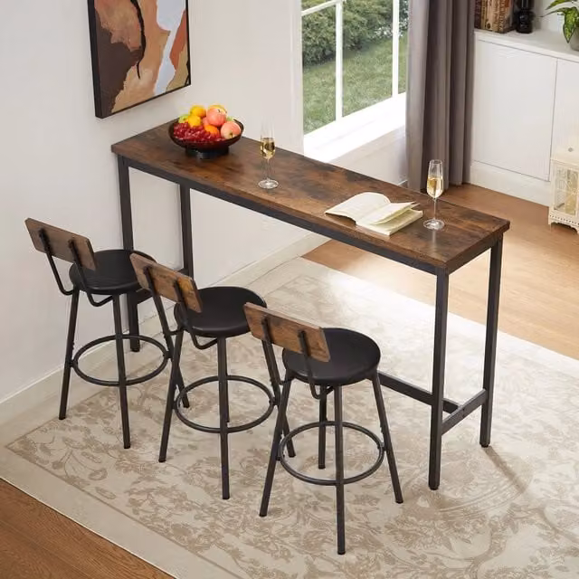 Set tavolo cucina e sedie 1 tavolo alto e 3 sgabelli con schienale in truciolare e acciaio marrone rustico e nero