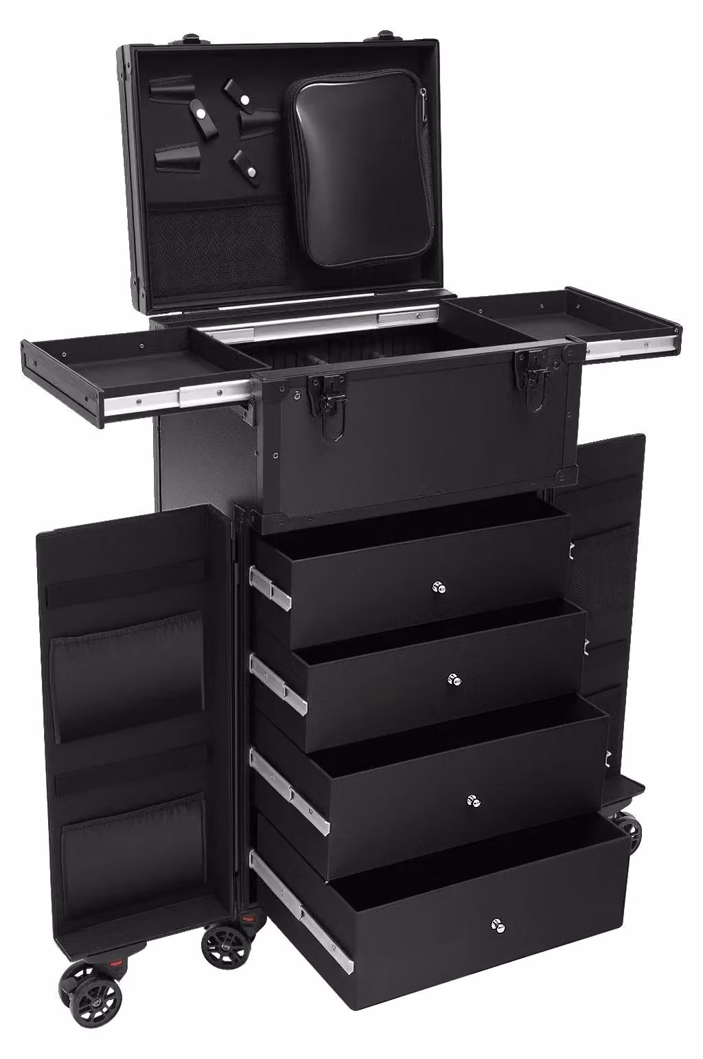 Valigetta per trucchi, realizzata in lega di alluminio e ABS, dimensioni 40*30*80 cm, capacità di carico 30 kg, vano removibile, 6 ruote