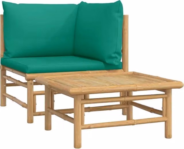 Set Salotto da Giardino Moderno in Bambù con Divano a 2 Posti, Elemento Angolare e Tavolino da Caffè con Cuscini Verdi e Marroni