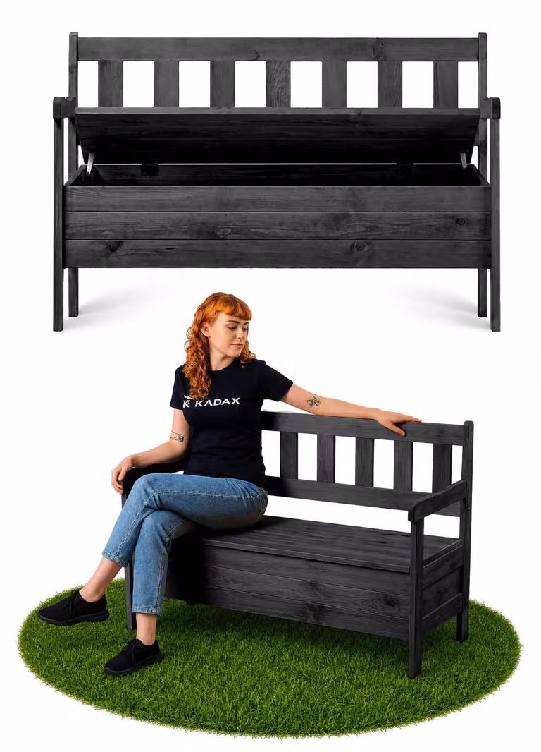Panca da giardino in legno KADAX con schienale 120 cm con cassetta, terrazza, balcone, antracite