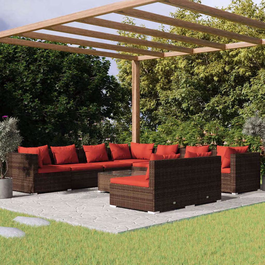 Set Divani da Giardino vidaXL 10 Pezzi a Forma di U con Tavolino e Cuscini Marroni e Rossi in Polyrattan e Acciaio