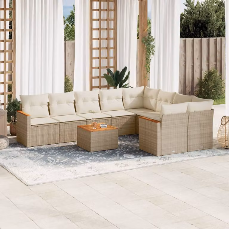 vidaXL Set Divano da Giardino 10 pz con Cuscini Beige in Polyrattan e Acciaio