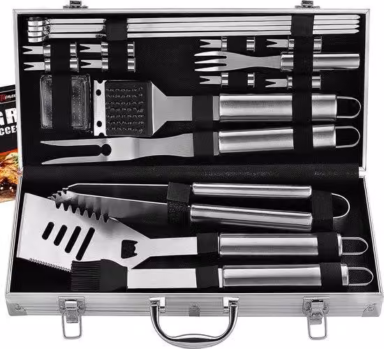 Set da barbecue in acciaio inossidabile da uomo - Set completo da 20 pezzi con borsa da viaggio