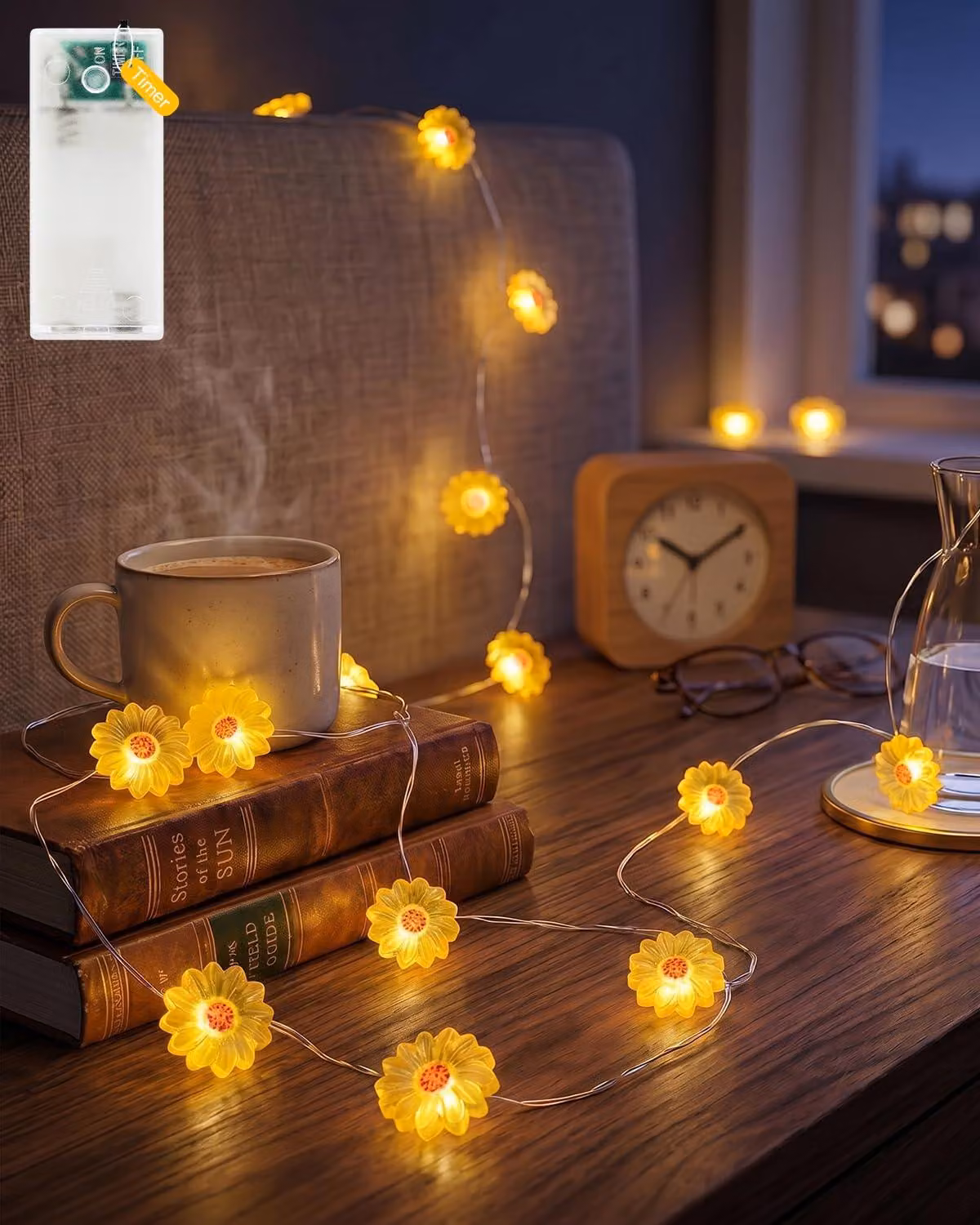 Catena luminosa a LED a forma di girasole, 20 LED, 2 metri, luce bianco caldo, alimentata a batteria