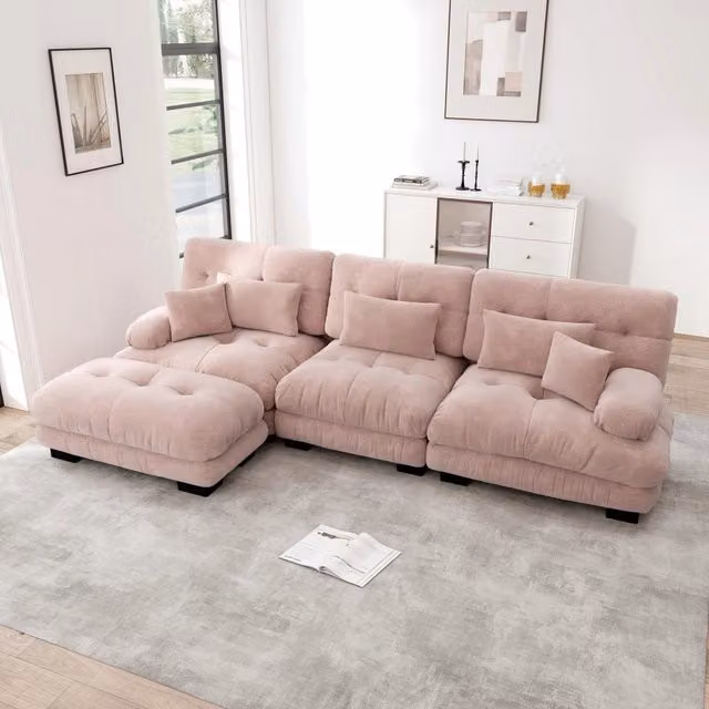 Divano angolare modulare a 3 posti in ciniglia rosa con pouf, 313x145x81 cm, divano a forma di l con pouf per soggiorno
