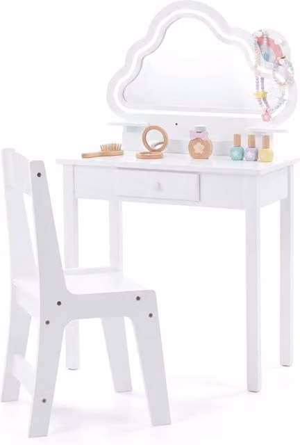 Set postazione trucco per bambini con specchio a forma di nuvola con luci LED, sgabello e cassetto in legno bianco – 1