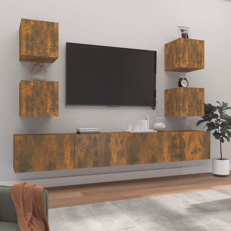 Set di mobili porta TV da soggiorno vidaXL in legno multistrato color rovere fumo, 6 pezzi, modello a parete