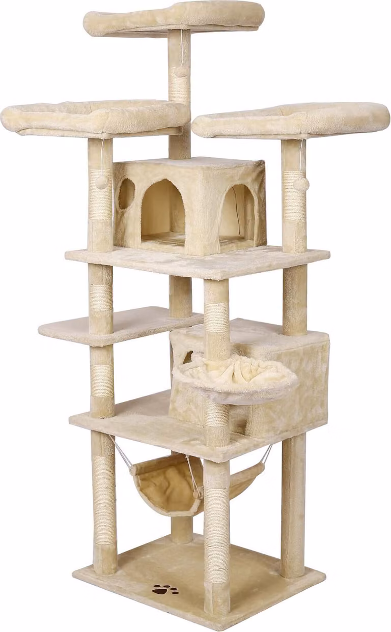 Wiltec tiragraffi beige con motivo a zampa 172 cm, tiragraffi per gatti con piattaforme e casette per gatti, albero per gatti con amaca, albero da arrampicata per gatti