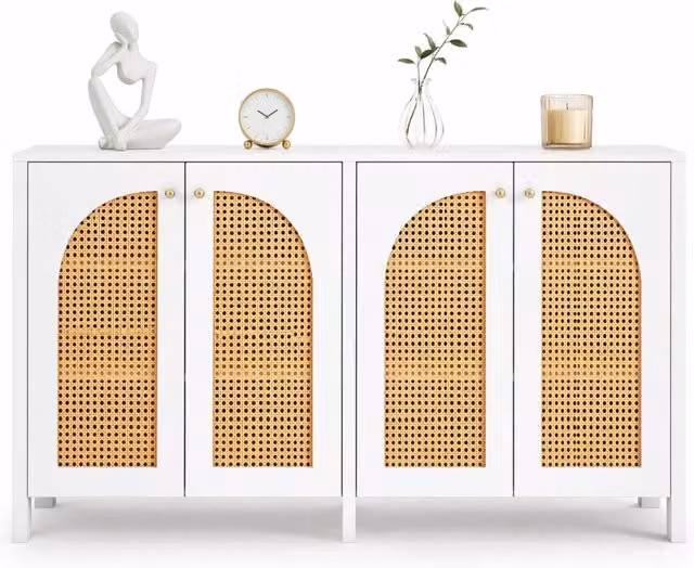Credenza a 4 ante effetto rattan con ripiano regolabile; bianco; in MDF e truciolare