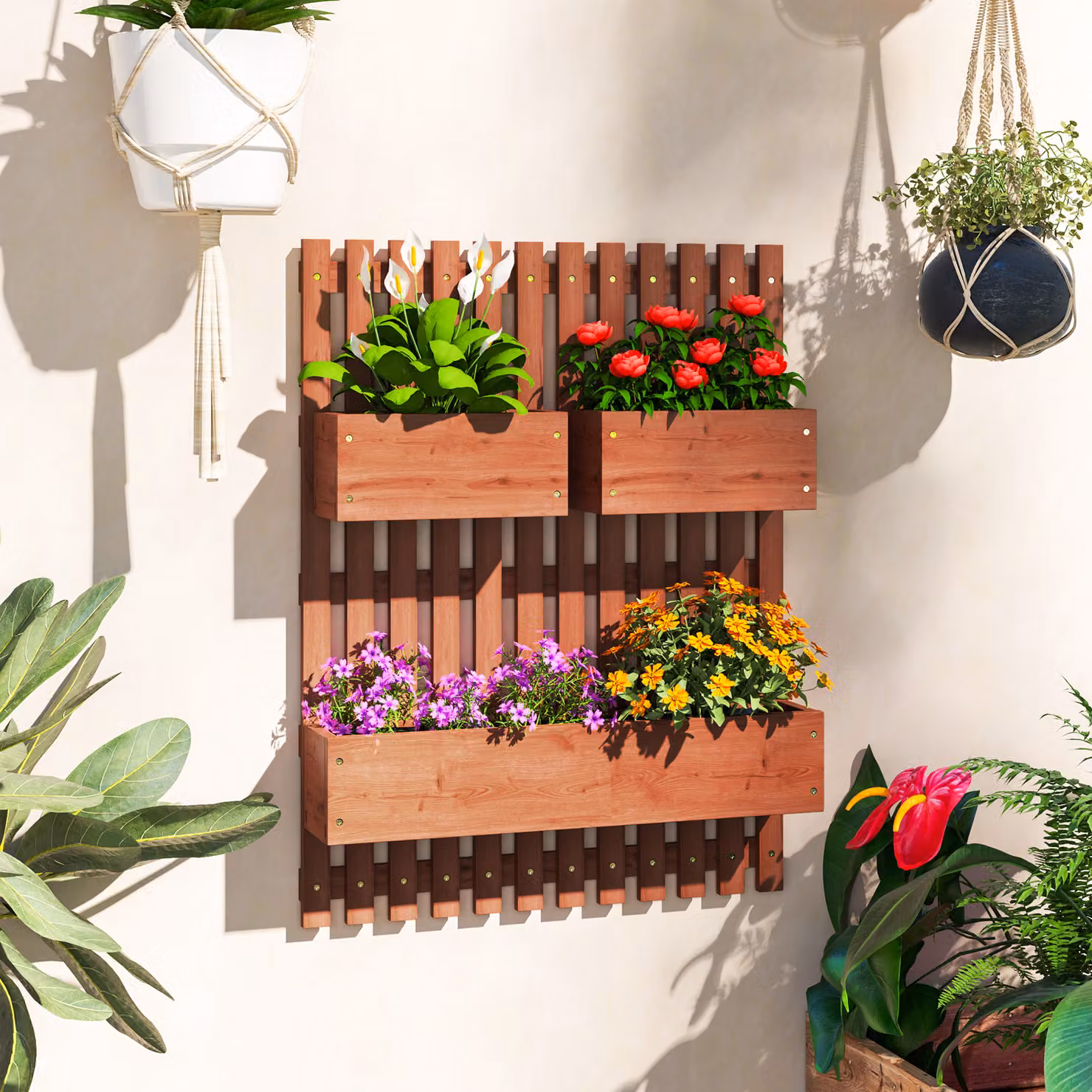 Fioriera Verticale da Esterno Outsunny in Legno di Abete con 3 Vasi Rimovibili, Marrone, L: 60 cm, P: 16 cm, H: 80 cm – 2