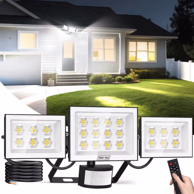 Faretto LED da 100W con sensore di movimento, 10.000 lumen, grado di protezione IP66, con 3 sorgenti luminose