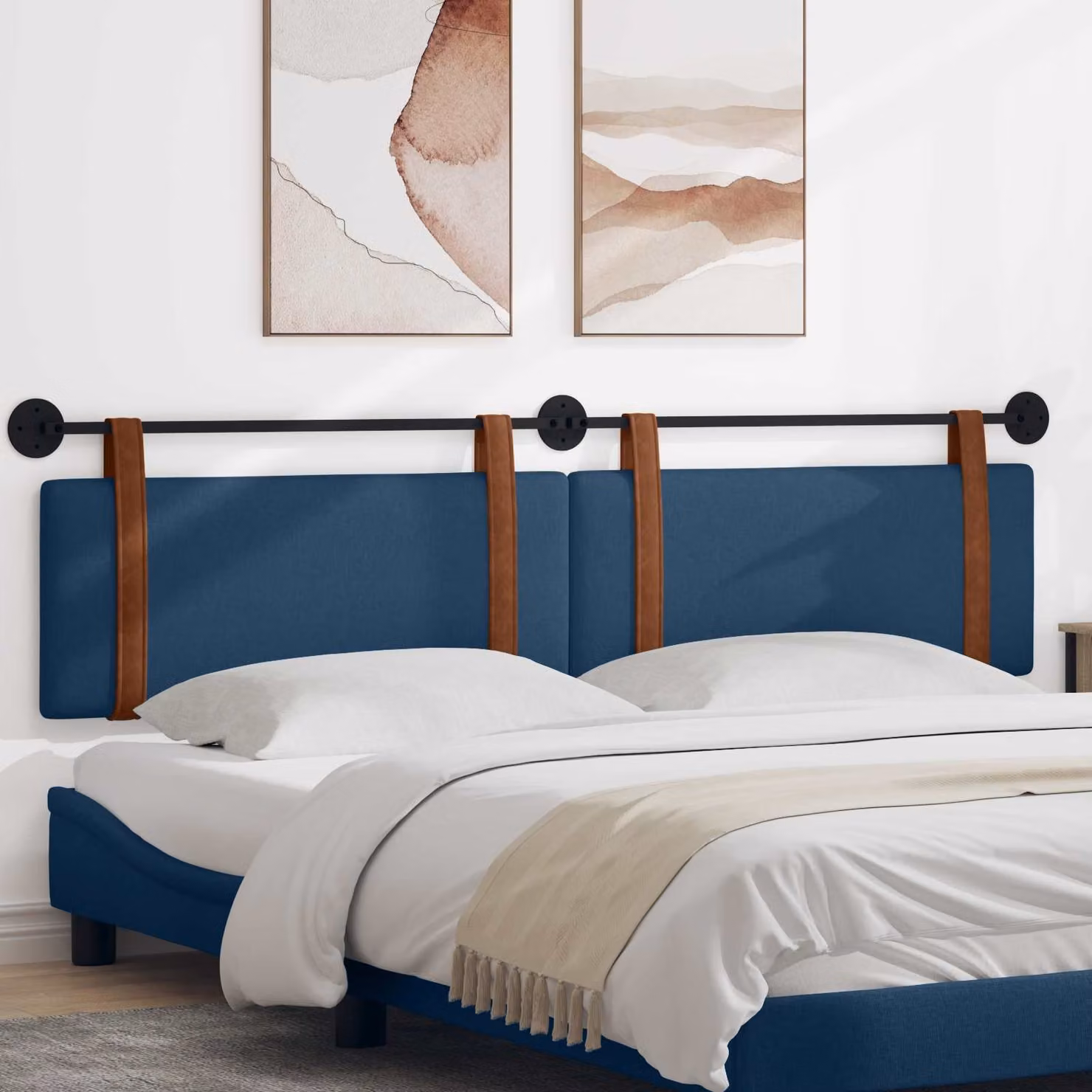 Testiera per letto sospesa vidaXL in similpelle blu con pannelli imbottiti e montaggio a parete