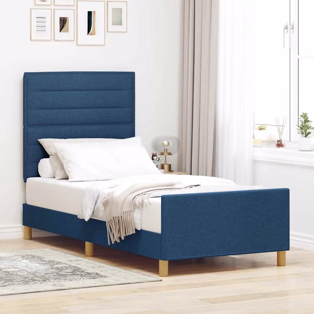 Struttura del letto con testiera vidaXL in tessuto blu e legno di pino, L 100 x P 200 cm