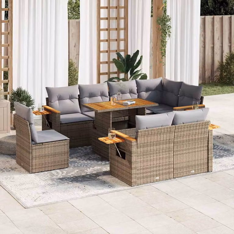 Set Divano da Giardino vidaXL 9 pz in Polyrattan e Legno di Acacia con Cuscini Beige e Grigio per Esterno