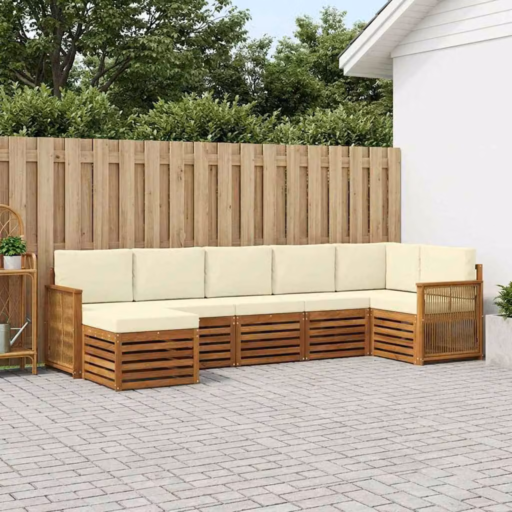 Set di divani da esterno vidaXL 6 pz in legno di acacia con cuscini beige e bianco a forma di L per giardino e terrazza