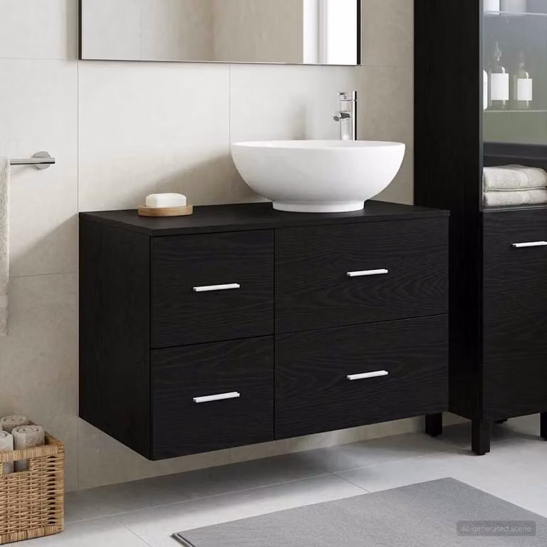 Set di mobili per il bagno vidaXL composto da mobile lavabo e mobile contenitore nero opaco con design minimalista