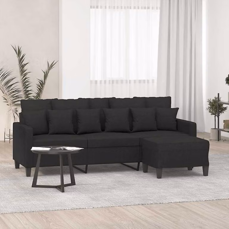 vidaXL Divano a 3 Posti Moderno con Poggiapiedi Nero in Tessuto per Soggiorno L: 198 cm, P: 80 cm, H: 77 cm