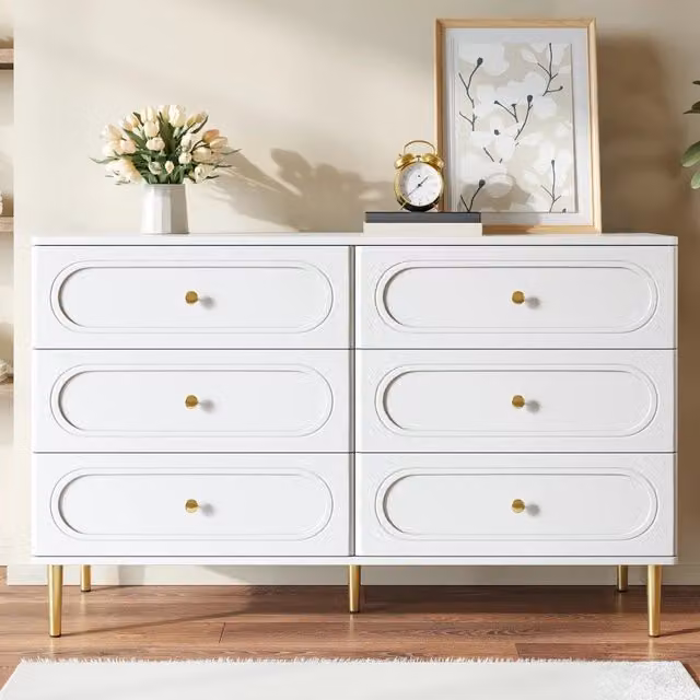 Credenza moderna bianca con 6 cassetti in legno e metallo L/P/H: 120 x 40 x 75 cm