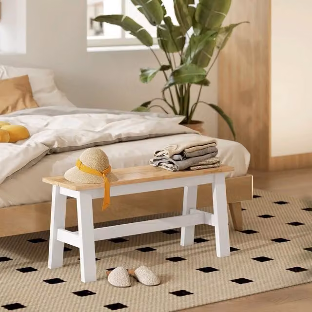 Panca da sala da pranzo 2 posti con barra stabilizzante, in legno di gomma finitura rovere e bianco, 95 × 30 × 45 cm