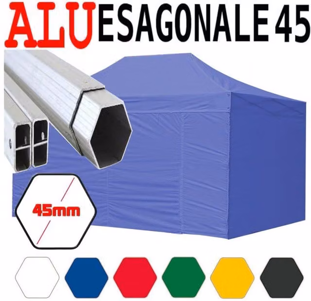 Gazebo 3x4,5 m blu pieghevole alluminio piantone esagonale 45mm portatile estendibile richiudibile estensibile acciaio con laterali per fiere eventi stand chiosco tenda tendone mercato mercatino