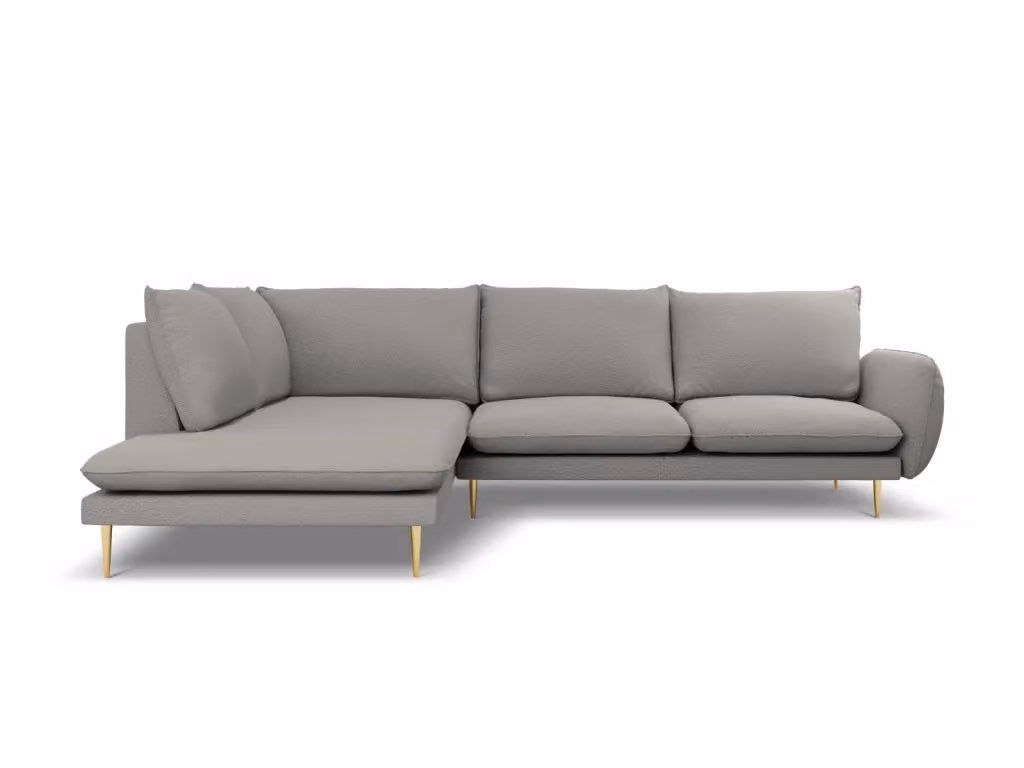 Divano angolare sinistro Vienna Cosmopolitan Design in bouclé grigio con dettagli oro, 6 posti, L 275 cm x P 95 cm x H 73 cm – 2