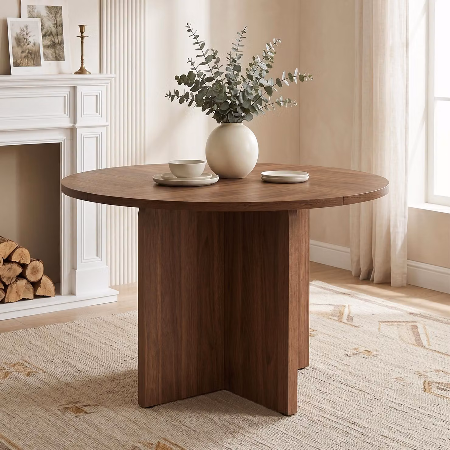 Tavolo rotondo Flieks con piedini regolabili, adatto per 4-6 persone, tavolo da pranzo 120x120x75 cm, tavolo da cucina, finitura in legno noce