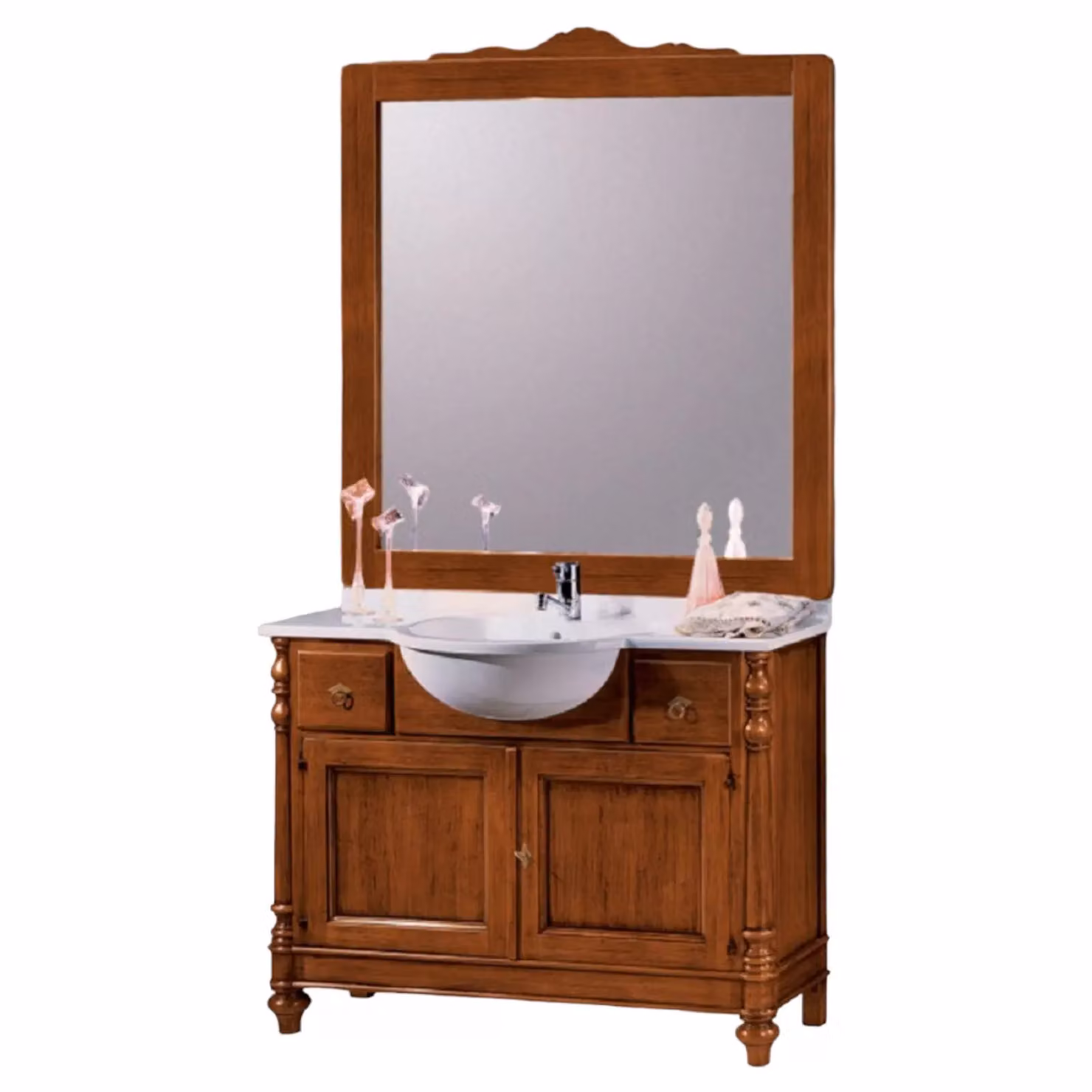Mobile bagno Mobili 2G in legno con lavabo, 2 cassetti, 2 ante e specchio, L: 108 cm, P: 40 cm, H: 80 cm – 1