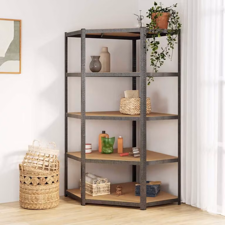 Scaffale Angolare vidaXL in Stile Industriale con 5 Ripiani Regolabili, Grigio, Acciaio e Legno, H 180 x L 90 x P 90 cm