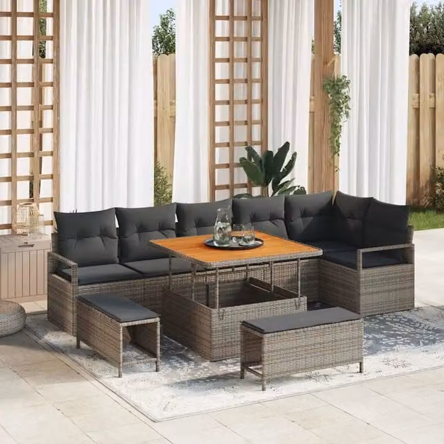Set Divano da Giardino Moderno vidaXL in 9 Pezzi Grigio con Cuscini e Tavolino da Esterno – 1