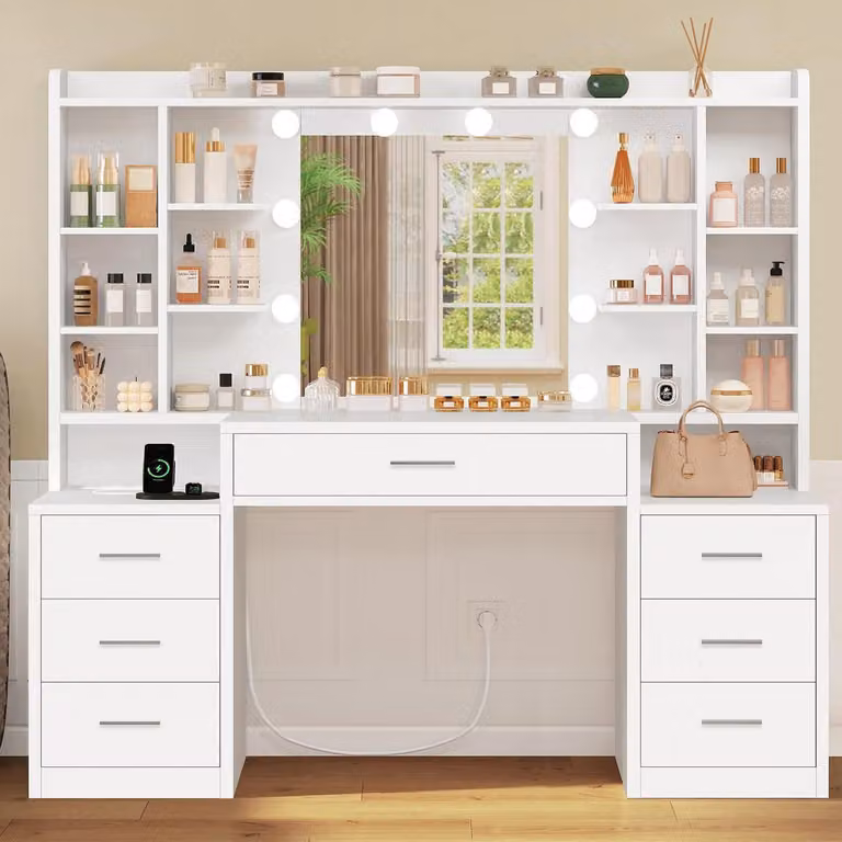 Comò da trucco con illuminazione a LED e specchio, bianco, 7 cassetti + ripiano aperto