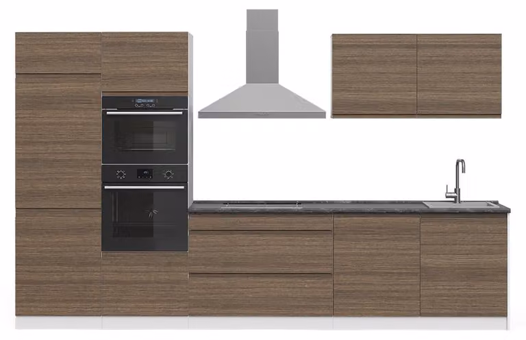 Cucina componibile Vicco R-Line Noce tabacco/Bianco 340 cm piano di lavoro Satin, Model 70602