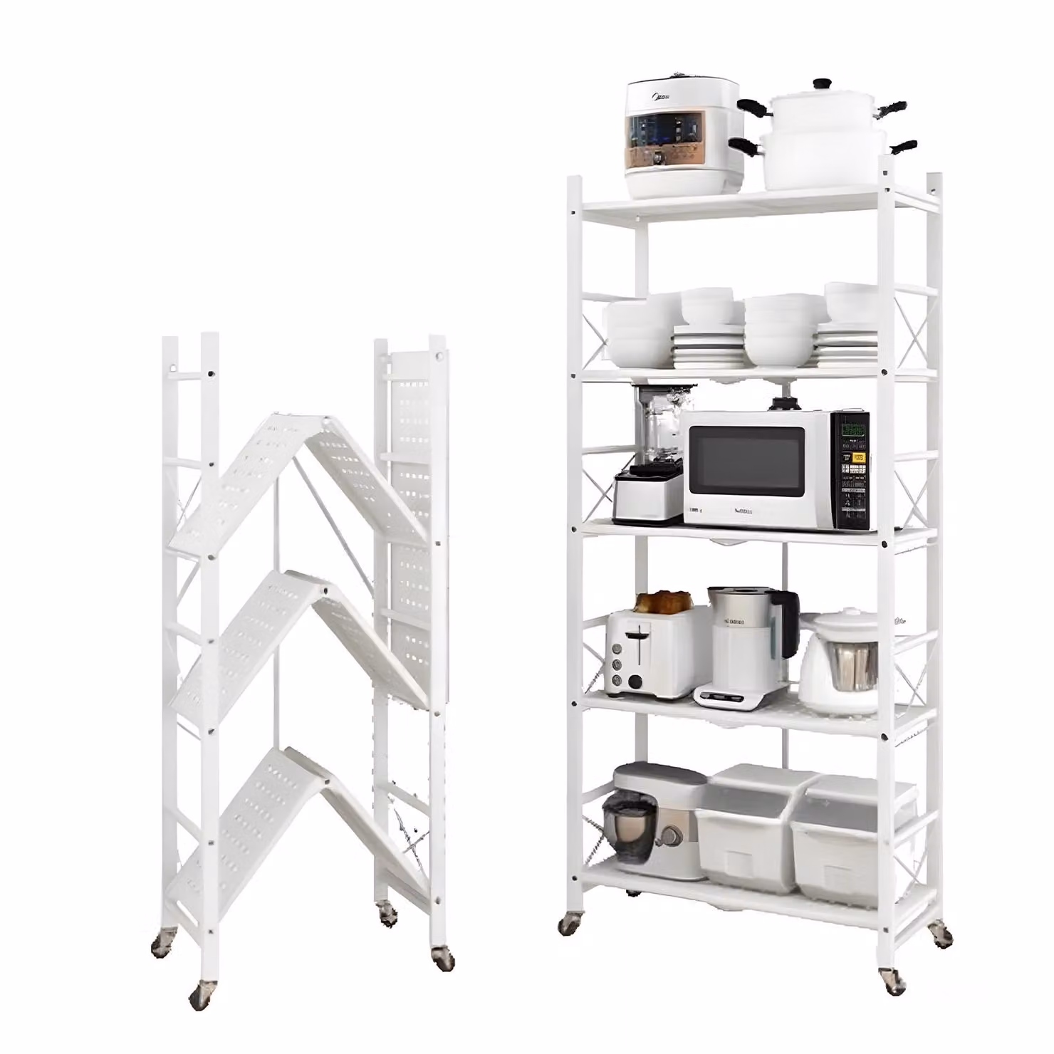 Mensola da cucina Seven Comfort Mensola in piedi Mensola per microonde Mensola per tavolo da cucina con 5 livelli Carrello da cucina Bianco