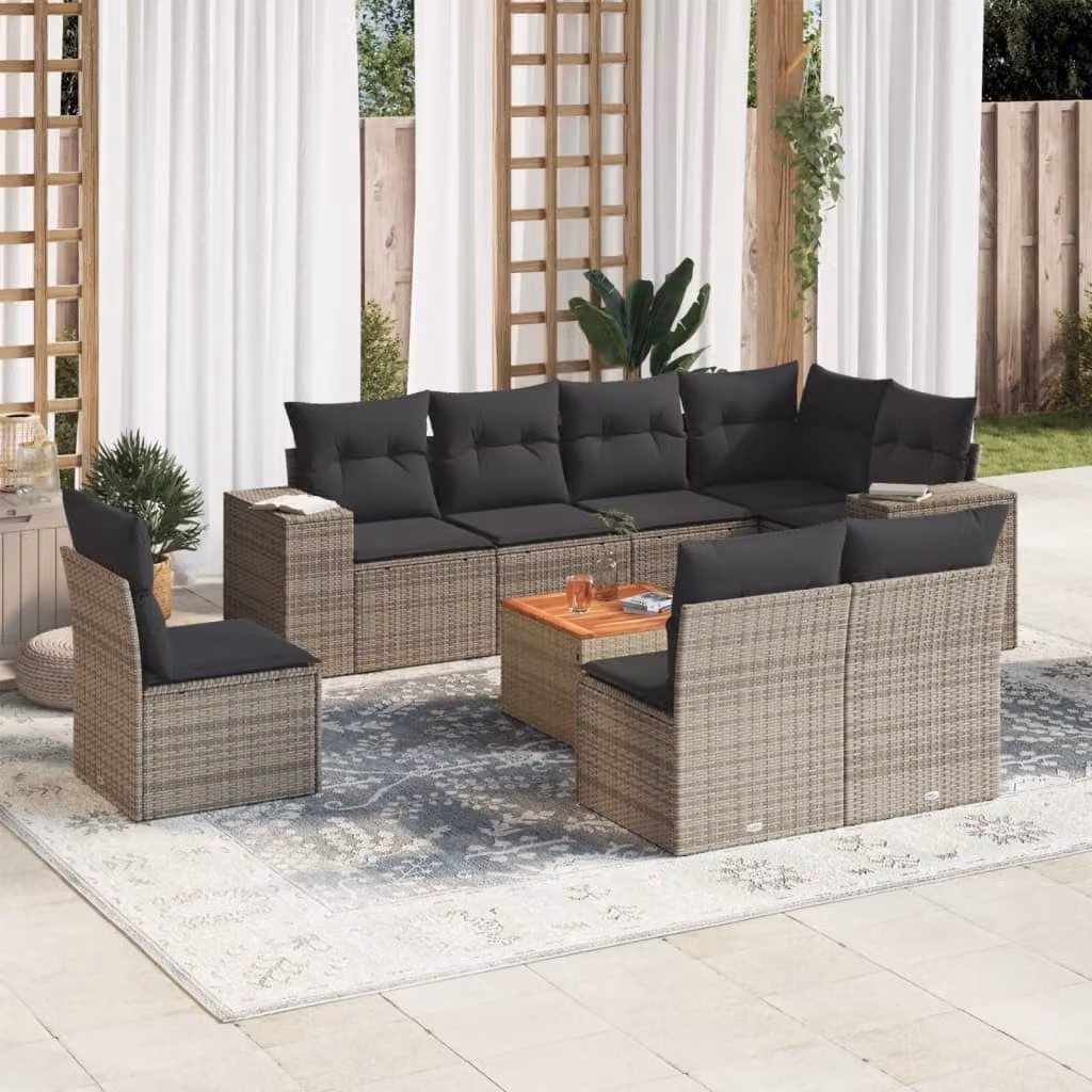 Set Divano da Giardino a L vidaXL 9 pz in Polyrattan Grigio con Cuscini e Tavolino – 1