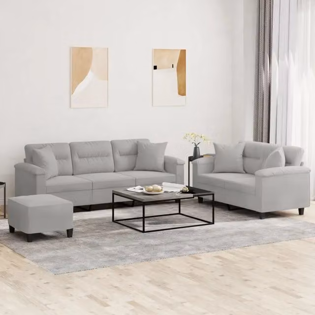 Set di Divani Moderno vidaXL in Microfibra Grigia con Cuscini e Pouf per Soggiorno – 1