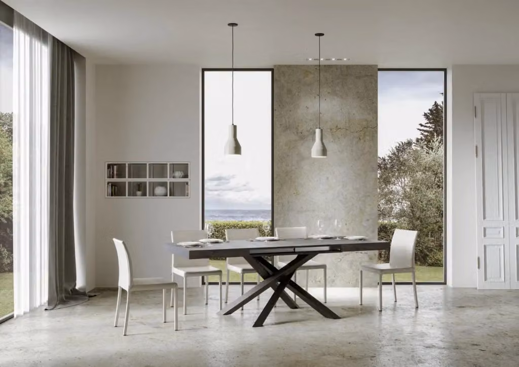 Tavolo allungabile moderno Bs Com con piano effetto cemento e telaio in metallo antracite L/P/H: 90 x 160/420 cm – 2