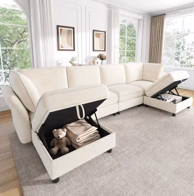 Divano modulare a U 6-7 posti con 2 pouf contenitore; 289x137x84 cm; chenille beige