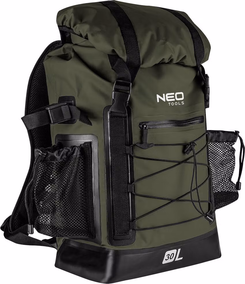 NEO TOOLS Zaino impermeabile, capacità 30 litri, 4in1, colore verde scuro, cinghie laterali regolabili, 2 tasche, PVC 600D verde, militare