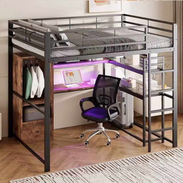 Letto a soppalco 140 × 200 cm 1 posto con scrivania, cassetto, mensole e LED regolabili, senza materasso, nero
